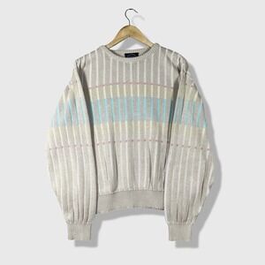 Jantzen Sweater Mens L Beige Vintage Pastel Striped Textured Knit Grandpacore